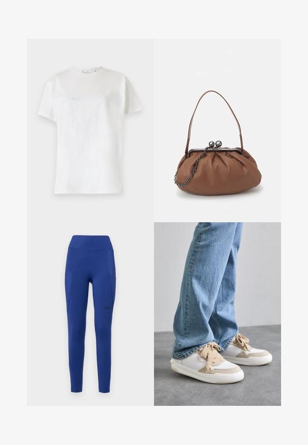 Weißes Baumwoll-T-Shirt mit kurzen Ärmeln und Rundhalsausschnitt, das das Wort "INTROSPECTION" in hellblauem Text über die Brust trägt.; Marineblaue Sportleggings mit hoher Taille, Seitentaschen und dezentem Branding. Gefertigt aus dehnbarem, glattem Material mit einer figurschmeichelnden Passform.; Weiße und beige Sneakers mit strukturierten Einsätzen, ausgestattet mit beigen Schnürsenkeln und einer Gummisohle, kombiniert mit hellblauen Denim-Jeans.; Braune Leder-Handtasche mit gerafftem Design, einem kurzen Ledergriff und einem Kettenriemen. Sie verfügt über einen silbernen Metallverschluss mit zwei runden Akzenten.