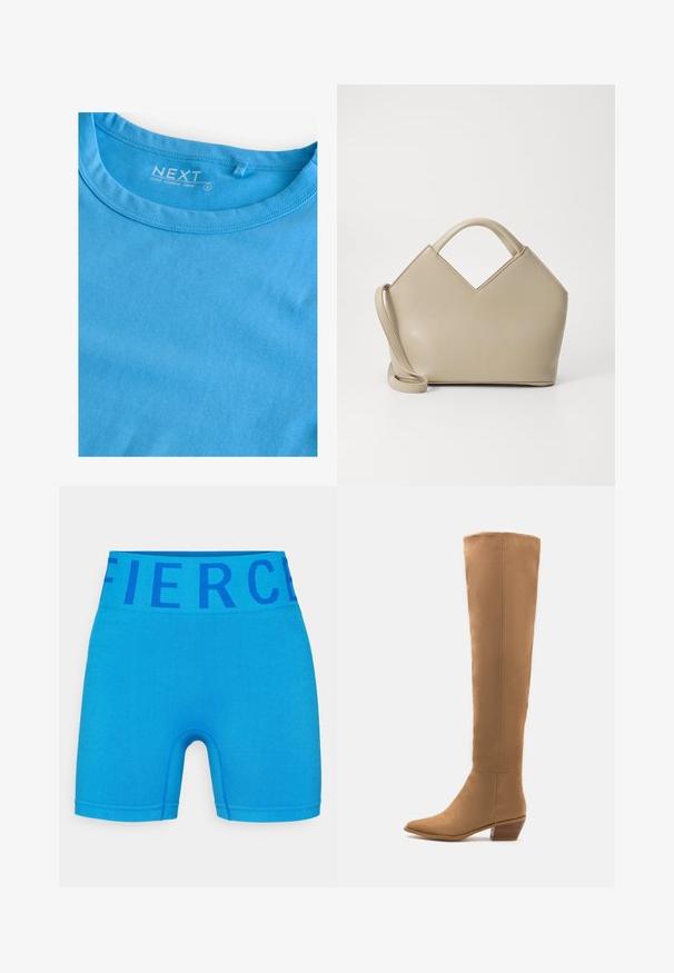 Majica dugih rukava s okruglim izrezom u svijetloplavom pamuku. Sadrži jednostavne šavove. Oznaka na etiketama glasi "NEXT," veličina S.; Plave sportske kratke hlače od rastezljivog materijala, s širokim pojasom na kojem piše "Fierce" u tamnoplavoj boji. Glatka površina i uski kroj.; Botte smeštem u visini koljena u bež boji, izrađene od glatkog materijala s špicastim vrhom i niskim složenim potplatom. Jednostavan dizajn, bez vidljivih uzoraka ili akcenta.; Bež torba sa strukturom i V-oblikovanim vrhom, napravljena od glatke kože, sa kratkim drškama i dugim podesivim remenom. Minimalistički dizajn.