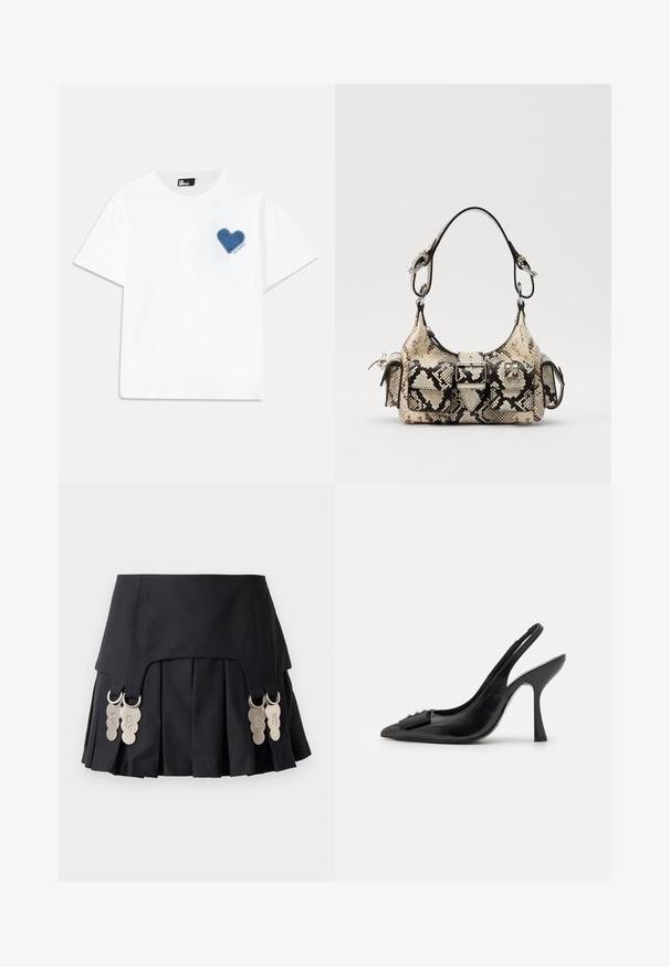 T-shirt en coton blanc à manches courtes et col rond. Présente un patch en denim bleu en forme de cœur sur la poitrine gauche avec un texte en dessous.; Jupe plissée noire avec des accents en métal sur les côtés, fabriquée dans un tissu structuré au toucher lisse et au design épuré.; Chaussure slingback en cuir noir avec un bout pointu, un talon haut fin et un accent de nœud décoratif. Texture lisse et design élégant.; Sac à main Python en beige et noir, avec une forme structurée, un détail à boucle et des doubles poignées. Surface texturée.