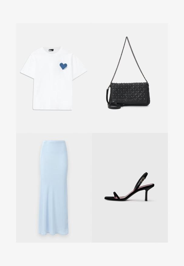 Balta medvilninė marškinėliai su trumpomis rankovėmis ir apvaliu kaklu. Kairėje krūtinės pusėje yra mėlynos džinsinės širdies aplikacija su tekstu po ja.; Šviesiai mėlyna, grindis siekianti satino sijonas su priglustančiu liemeniu ir švelniu išsiplėtimu apačioje ant balto fono.; Juodas zomšinis moteriškas aukštakulnis sandalai su plonais dirželiais ir auksine sagtimi ant balto fono, šoninis vaizdas.; Juodas apklijuotas odinis krepšys su grandinės dirželiu, papuoštas kaukolės akcentais ir užtrauktuku. Strukturizuotas paviršius su blizgiu apdailu.