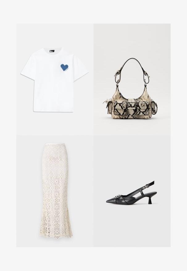 Fehér pamut póló rövid ujjakkal és kerek nyakkivágással. A bal mellen kék farmer szív folt található egy alatta lévő felirattal.; Norma Kamali OBIE LONG SKIRT - Maxi szoknya - cream; Fekete bőr slingback cipő hegyes orral, dekoratív pántokkal, fém szemekkel és alacsony blokk sarkú. Texturált felület.; Python mintás, bézs és fekete kézitáska, amelynek struktúrált formája, csatt részlete és dupla vállpántja van. Texturált felület.