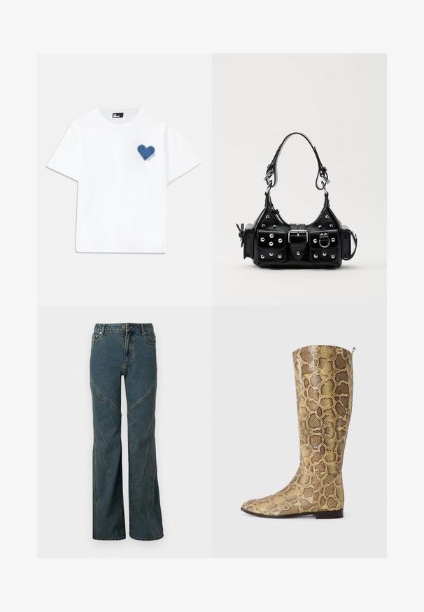 Camiseta de algodón blanca con mangas cortas y cuello redondo. Presenta un parche en forma de corazón de denim azul en el lado izquierdo del pecho con texto debajo.; Vaqueros de mezclilla azules con un diseño de pierna ancha, que presentan detalles de costura curva y un estilo estándar de cinco bolsillos. Dobladillo sin terminar en la parte inferior.; Botas hasta la rodilla con un diseño de estampado de serpiente y un patrón texturizado en marrón dorado, con suela plana y una sutil lengüeta en la parte superior.; Bolso de mano de cuero negro con un diseño curvado, que cuenta con tachuelas plateadas, una hebilla y dos bolsillos laterales. Correa ajustable para opciones de transporte.