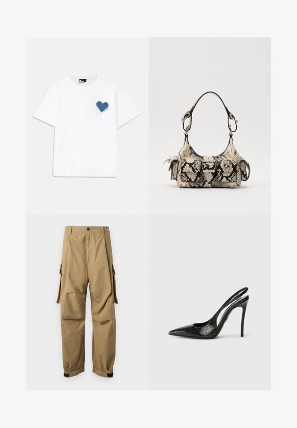 Vit bomulls-t-shirt med kort ärm och rund halsringning. Har en blå denimhjärtapatch på vänster bröst med text under.; Kahki cargobyxor gjorda av lättviktsmaterial, med sidofickor, knappstängning och elastiska muddar vid anklarna.; Svart slingback-pump med spetsig tå, texturerat ormskinnsmönster, stilettklack och en dekorativ spänne på remmen.; Pythontryckt handväska i beige och svart, med en strukturerad form, spänndetalj och dubbla axelremmar. Texturerad yta.