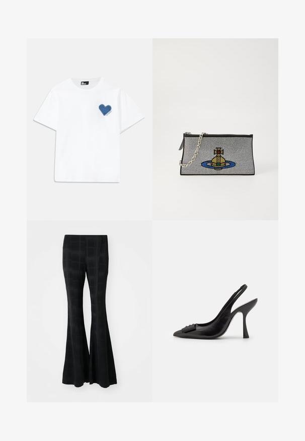 Vit bomulls-t-shirt med kort ärm och rund halsringning. Har en blå denimhjärtapatch på vänster bröst med text under.; Svarta utsvängda byxor tillverkade av ett slätt material, med ett rutigt mönster som skapar en subtil textur och skräddarsydd passform.; Svart lädersandal med spetsig tå, smal hög klack och en dekorativ rosettdetalj. Slät yta och elegant design.; Svart kuvertväska med silverkedja, med en färgglad pärldesign av en gul ubåt omgiven av en blå ring.