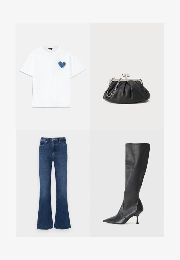 Valkoinen puuvillapaita, jossa on lyhyet hihat ja pyöreä pääntie. Vasemmassa rinnassa on sininen farkkukangasta sydänpaikka, jonka alapuolella on teksti.; Tummansiniset leveälahkeiset farkut, joissa on korkea vyötärö, tavallinen viisi-taskuinen muotoilu ja huomaamaton ompeluaksentti.; Polvisuuriset mustat nahkasaappaat, joissa on terävä kärki ja hoikka stiletto-korko. Silkkinen pinta, tiukka muotoilu ja ompeleet yläreunassa.; Mustan nahkainen clutch, jossa on rypistetty rakenne, hopeanvärinen metallikehys, suukko-lukko ja ketjuhihna. Sileä, pehmeä pinta.