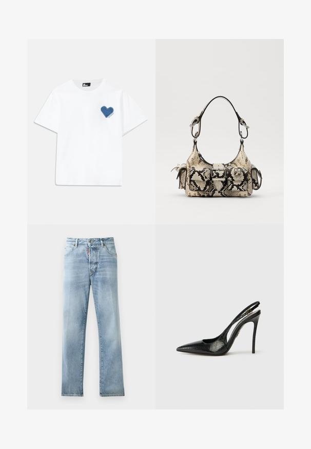 Λευκό βαμβακερό μπλουζάκι με κοντά μανίκια και στρογγυλή λαιμόκοψη. Διαθέτει μια μπλε τζιν καρδιά κέντημα στο αριστερό στήθος με κείμενο από κάτω.; Ανοιχτό μπλε τζιν με ίσια γραμμή, πέντε τσέπες και εμφανή ραφή. Διαθέτει κουμπί κλεισίματος στη μέση.; Μαύρη γόβα slingback με μυτερή μύτη, υφή φιδιού, τακούνι στιλέτο και διακοσμητική αγκράφα στη λωρίδα.; Τσάντα Python-print σε μπεζ και μαύρο, με δομημένο σχήμα, λεπτομέρεια από πόρπη και διπλές ιμάντες ώμου. Υφασμάτινη επιφάνεια.