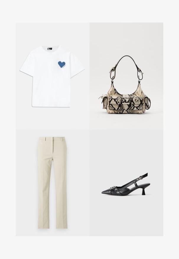 Witte katoenen t-shirt met korte mouwen en een ronde halslijn. Heeft een blauwe denim hartpatch op de linkerborst met tekst daaronder.; Beige op maat gemaakte broeken met een platte voorkant, rechte pijpen, riemlussen en een gladde textuur. Minimalistisch ontwerp zonder zichtbare patronen.; Zwarte leren slingback schoen met een puntige neus, decoratieve banden met metalen oogjes en een lage blokhak. Textuur oppervlak.; Python-print handtas in beige en zwart, met een gestructureerde vorm, gespdetail en dubbele schouderbanden. Gestructureerd oppervlak.