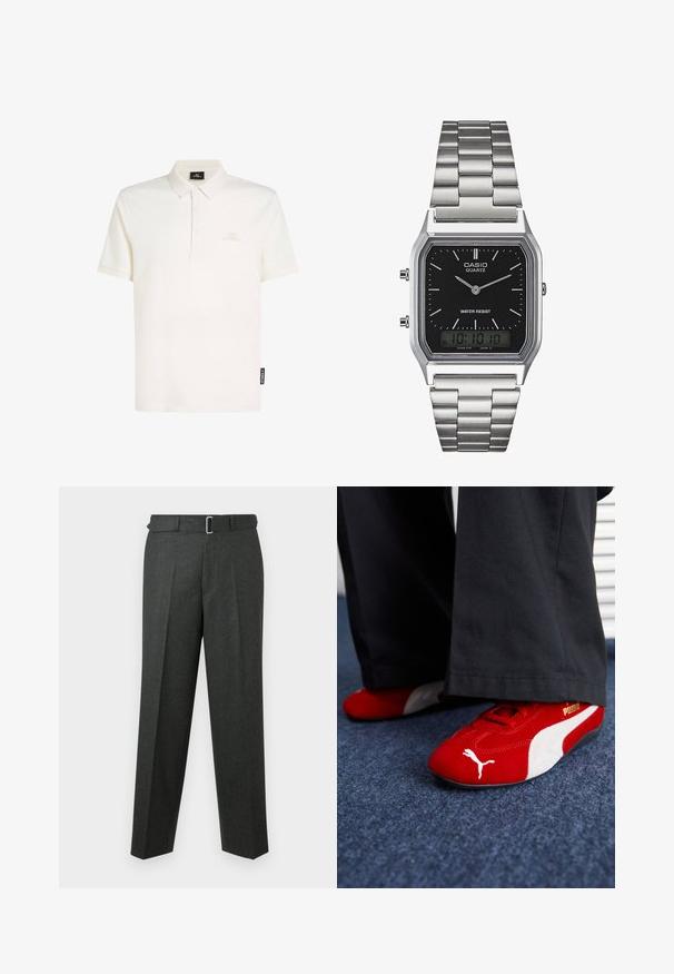 Bílá polo košile z bavlny s límečkem, tříknoflíkovou légou a decentním logem na hrudi. Krátké rukávy, měkká struktura.; Tmavě šedé tailored kalhoty s plochým předním dílem, skládáním a přiléhavým pásem se stříbrnou přezkou. Hladká textura a rovné nohavice.; Červené semišové tenisky s bílými detaily, mají texturovaný materiál, kulatou špičku a zlaté logo na boku, nošené s černými kalhotami.; Stříbrné nerezové ocelové hodinky s quartzovým strojem a černým obdélníkovým ciferníkem, které mají analogové ručičky, digitální displej a označení voděodolnosti.