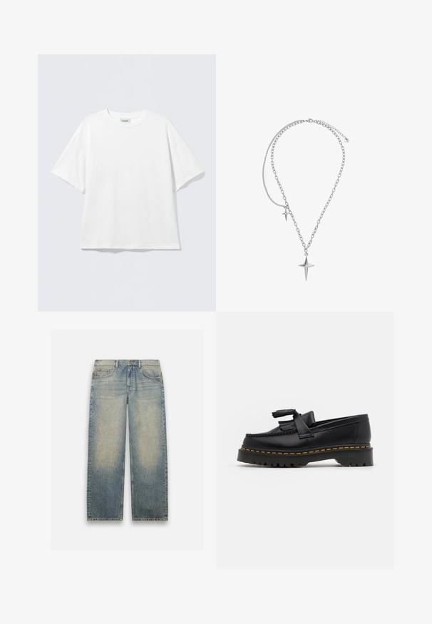 Vit t-shirt med korta ärmar i bomull med rund halsringning och avslappnad passform. Inga synliga mönster eller detaljer. Enkel design.; Ljusblå denimjeans med avslappnad passform, raka ben och en urtvättad look. Har två framfickor och knappstängning.; Svart läderloafer med en tofsdetalj, med en kraftig svart sula och gul söm längs kanten. Strukturerad yta.; Heideman LUCA - Halsband - silberfarben poliert