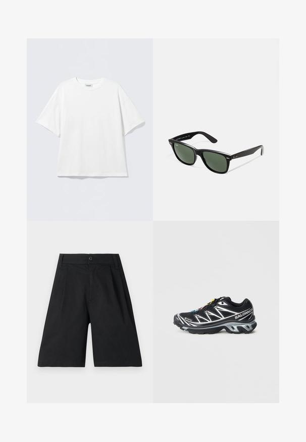 Hvid T-shirt med korte ærmer lavet af bomuld med rund halsudskæring og løs pasform. Ingen synlige mønstre eller detaljer. Enkel design.; Sorte shorts lavet af bomuld, med lige snit, plisseringer, en knaplukning og en glat tekstur. Ingen synlige mønstre eller detaljer.; Sort løbesko med sølv detaljer, GORE-TEX materiale, tekstureret sål og farverige snørebånd. Har en polstret hæl for støtte.; Sorte plastiksolkaber med grønne linser, firkantede stel, sølvaccent på brynene og teksturerede templede arme. Angivet mærke på den indre arm.