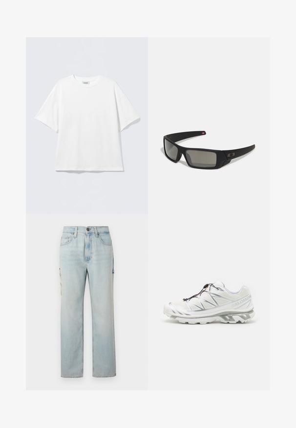 White short-sleeve t-shirt made of cotton with a round neckline and relaxed fit. No visible patterns or accents. Simple design.; Light blue denim cargo jeans with a straight leg design, featuring two side pockets and a button closure. Subtle fading adds a textured look.; White athletic shoe with a textured upper, reflective accents, and a grey sole. Features accentuated triangular patterns and a quick-lace system.; Black sunglasses with a matte finish, rectangular lenses, slight curve on temples, subtle logo detail, and smoke-tinted lenses.
