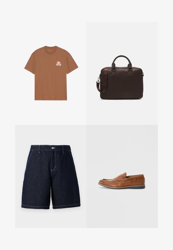 Καφέ κοντομάνικο μπλουζάκι φτιαγμένο από βαμβάκι, με γραφικό ήλιο σε ροζ χρώμα και το κείμενο "SOLAR" στο αριστερό στήθος. Σχεδίαση με στρογγυλή λαιμόκοψη.; Σκούρες τζιν σορτσάρες με ίσια γραμμή. Διαθέτουν κλείσιμο με κουμπί, μπροστινές τσέπες και αντίθετο άσπρο ραφτό κατά μήκος των άκρων.; Καφέ δερμάτινα λουστρίνια με στρογγυλή μύτη, ραμμένες λεπτομέρειες και χαμηλή ελαστική σόλα. Ο σχεδιασμός διαθέτει μια ταινία πάνω από το άνω μέρος.; Καφέ δερμάτινη τσάντα φορητού υπολογιστή με υφή, διπλά επάνω χερούλια, ρυθμιζόμενο λουρί και δύο μπροστινές πόρπες για επιπλέον λεπτομέρεια.