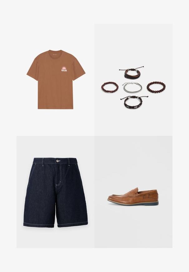 Brun kortermet T-skjorte laget av bomull, med et rosa solgrafikk og "SOLAR" tekst på venstre bryst. Rund halsdesign.; Mørke denimshorts med rett snitt. Har knappelukking, frontlommer og kontrastfarget hvit søm langs kantene.; Brune skinnloafers med rund tå, broderte detaljer og såle i gummi. Designet har et bånd over vristen.; Sett med fem armbånd som inkluderer brunt lær, treperler og en sølvkjede; ulike teksturer og former, med justerbare lukkinger.
