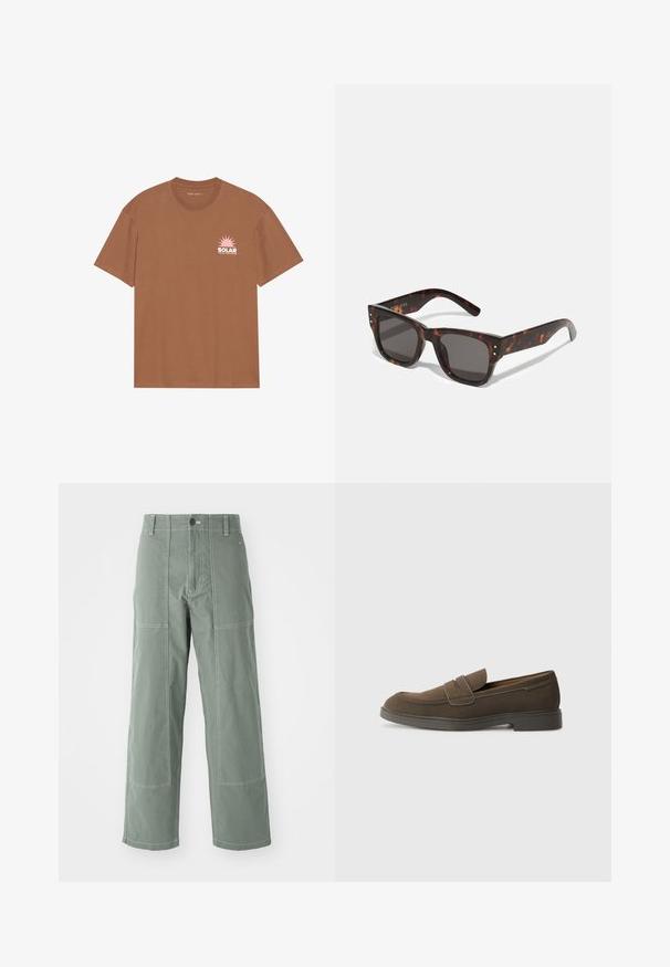 Braunes Kurzarm-T-Shirt aus Baumwolle mit einem rosa Sonnenmotiv und dem Text "SOLAR" auf der linken Brust. Mit Rundhalsausschnitt.; Grüne Cargo-Hosen mit lockerer Passform, ausgestattet mit aufgesetzten Taschen, kontrastierenden Nähten, einem vorderen Knopfverschluss und einem geraden Bein-Design.; Braunes Wildleder-Loafer mit runder Kappe, einem Riemen über dem Spann und einer flachen Gummisohle. Einfaches Design mit klaren Linien und minimalen Details.; Sonnenbrille aus Schildpatt mit dunklen Gläsern, quadratischem Rahmen und silbernen Akzentnieten auf der Vorderseite. Aus Kunststoff, leicht und langlebig.