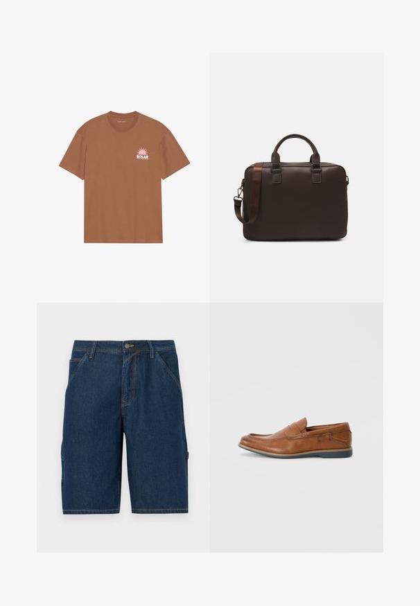 Brown short-sleeve t-shirt made of cotton, featuring a pink sun graphic and "SOLAR" text on the left chest. Crew neck design.; Dark blue denim shorts with a straight cut, featuring two front pockets, belt loops, and a side pocket with a flap.; Brown leather loafers with a round toe, stitched accents, and a low rubber sole. The design features a band across the upper.; Brown leather laptop bag with a textured surface, dual top handles, adjustable strap, and two front buckles for added detail.