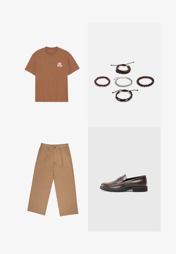 Barna, rövid ujjú pamut póló, pink napgrafikával és "SOLAR" felirattal a bal mellen. Kerek nyakú dizájn.; Sima textúrájú anyagból készült bézs nadrág, redőkkel, gombzással és a szegély közelében hímzett logóval.; Barna bőr loaferek sima felülettel, finoman varrott részletekkel a felső részen és fekete gumitalppal.; Öt darabból álló karkötőszett, barna bőrből, fa gyöngyökkel és ezüst lánccal; különböző textúrákkal és formákkal, állítható zárással.; Öt darabból álló karkötőszett, barna bőrből, fa gyöngyökkel és ezüst lánccal; különböző textúrákkal és formákkal, állítható zárással.