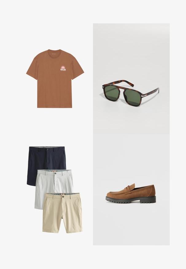 Camiseta de algodón marrón de manga corta, con un gráfico de sol rosa y el texto "SOLAR" en el lado izquierdo del pecho. Diseño de cuello redondo.; Tres pares de pantalones cortos: azul marino, gris claro y beige, todos hechos de una tela suave, con bolsillos frontales y cierres de botón.; Mocasines de ante marrón con punta redondeada y una suela de goma negra baja, que presentan una correa decorativa y detalles de costura en la parte superior.; Gafas de sol carey con montura cuadrada, lentes verdes, acento plateado en las patillas, textura suave y un diseño ligero.