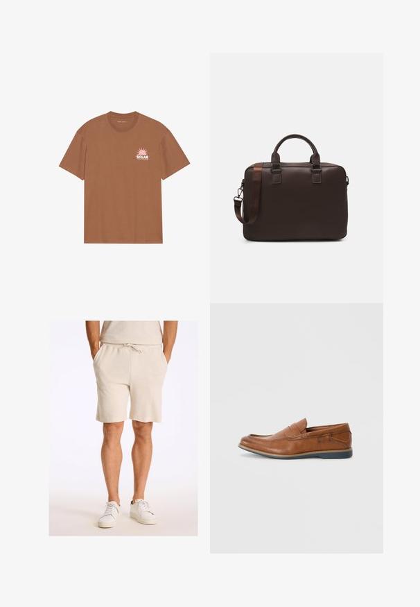 Ruskea lyhythihainen t-paita, joka on valmistettu puuvillasta. T-paidassa on vasemmassa rintamuksessa vaaleanpunainen aurinkokuva ja "SOLAR"-teksti. Pyöreä kaula-aukko.; Beige shorts dari kain terry dengan sabuk elastis, tali serut, dua saku samping, dan potongan santai, dipadukan dengan sepatu sneakers putih.; Ruske nahkakengät, joissa on pyöreä kärki, ommeltuja yksityiskohtia ja matala kumipohja. Suunnittelussa on yläosaa kiertävä nauha.; Ruskea nahkainen kannettavan tietokoneen laukku, jossa on teksturoidun pinnan, kaksoiskahvat, säädettävä olkahihna ja kaksi etubukletta lisäämään yksityiskohtia.