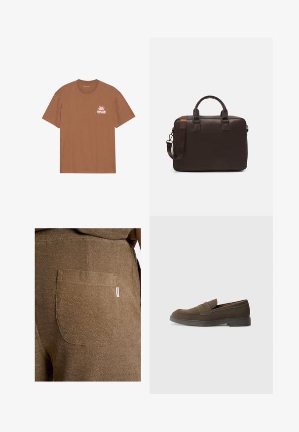 Brązowa koszulka z krótkim rękawem wykonana z bawełny, z różową grafiką słońca i napisem "SOLAR" na lewej piersi. Design z okrągłym dekoltem.; Lindbergh - Szorty; Brązowe zamszowe mokasyny z okrągłym noskiem, paskiem na wierzchu i płaską gumową podeszwą. Prosty design z czystymi liniami i minimalnym wykończeniem.; Brązowa skórzana torba na laptopa z teksturowaną powierzchnią, podwójnymi uchwytami na górze, regulowanym paskiem oraz dwoma przednimi klamrami dla dodatkowego stylu.