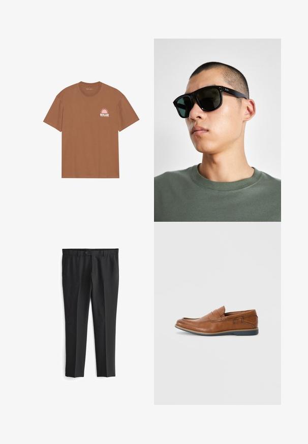 Barna, rövid ujjú pamut póló, pink napgrafikával és "SOLAR" felirattal a bal mellen. Kerek nyakú dizájn.; Fekete, testre szabott nadrág lapos elülső résszel, két oldalsó zsebbel és gombos záródással. Simább textúrájú és egyenes lábú kialakítású.; Barna bőr loafer cipők, lekerekített orral, varrott részletekkel és alacsony gumitalppal. A dizájn egy sávot tartalmaz a felső részen.; Fekete, téglalap alakú napszemüveg sötét lencsékkel, jellegzetes formával és márkajelzéssel a szárán. Zöld inget viselő személynél.