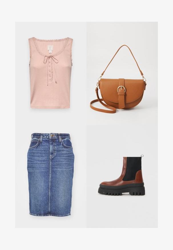 GAP GAP X DOEN POINTELLE TANK - Top - chalk pink; Saia de ganga azul escura com um design de corte reto, estilo de cinco bolsos e fecho com botão da marca na cintura. Textura clássica de jeans.; Bota de tornozelo em couro marrom com painéis elásticos pretos, sola de borracha preta robusta e uma alça na parte de trás para facilitar o calçar.; Bolsa transversal de couro castanho com um formato curvado, ferragens douradas e um detalhe de fivela. Inclui uma alça de ombro destacável.