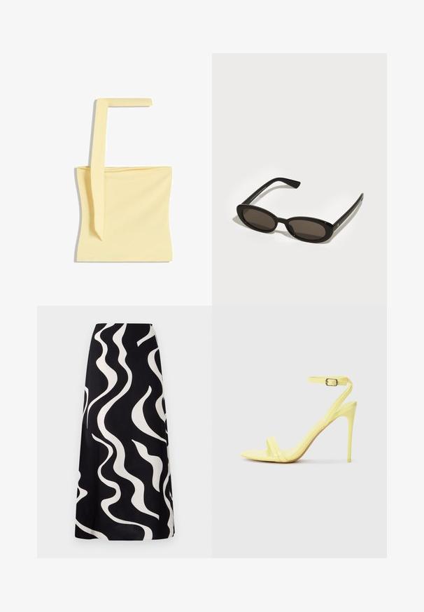Haut sans manches jaune avec une fine bretelle. Tissu lisse et léger, design carré simple, sans motifs ni éléments métalliques visibles.; Jupe noire avec des motifs ondulés blancs. Fabriquée en tissu léger, elle possède un design fluide et une coupe droite. Idéale pour une tenue décontractée.; Sandales à talons hauts en cuir verni jaune avec deux brides avant et une bride de cheville dotée d'une boucle. Design de talon fin et pointu.; Lunettes de soleil noires avec des verres ovales semi-montés. Monture brillante et branches élégantes. Verres teintés foncés avec des détails de quincaillerie minimes.; Sac fourre-tout noir texturé avec poignées courtes, présentant un fermoir et des accents dorés. Le design est structuré, avec une silhouette géométrique.