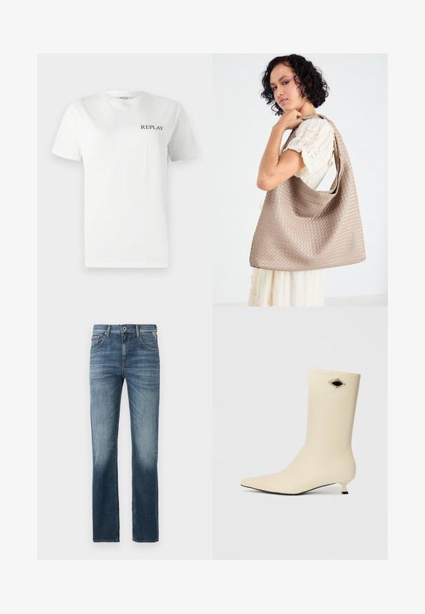 Camiseta de algodón blanca de manga corta, con cuello redondo, que presenta un pequeño logo negro "REPLAY" en la zona del pecho izquierdo. Textura suave.; Jeans de mezclilla azul oscuro con corte recto, desvanecimiento sutil en los muslos y costuras en contraste. Diseño clásico de cinco bolsillos con cremallera.; Botín tobillo color crema hecho de material suave, con punta afilada, tacón kitten y acento negro en forma de diamante.; Bolsa tote de color beige tejida, con un diseño holgado y una sola correa para el hombro. Presenta un patrón texturizado en toda la superficie.