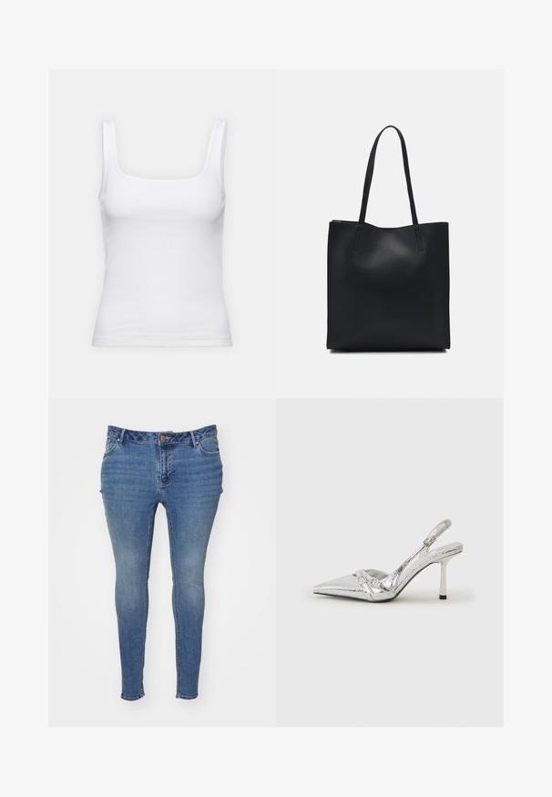 Top alb cu dungi, cu decolteu pătrat și bretele subțiri, realizat dintr-un material elastic din bumbac.; Jeans skinny decolorate, din denim, cu un finisaj decolorat. Dispune de un design cu cinci buzunare și închidere cu nasture la talie.; Pantofii cu toc înalt, argintii, cu vârf ascuțit, finisaj metallic, două curele decorative și un toc subțire cu vârful negru.; Geantă tote neagră din piele, cu textură netedă, formă rectangulară și două mânere lungi. Fără hardware vizibil sau ornamente.