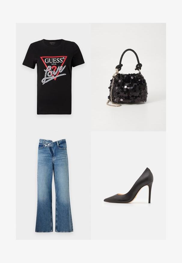 Camiseta de algodón negra con un logo en forma de triángulo rojo con "GUESS U.S.A." y un diseño de texto en blanco que dice "Love" y está adornado con cristales. Mangas cortas.; Jeans de mezclilla azul claro acampanados con cintura alta, que cuentan con dos botones y bolsillos frontales. La tela tiene una textura desteñida con variaciones sutiles.; Zapato de tacón alto de cuero negro con punta afilada y textura suave, que presenta un tacón delgado y un diseño minimalista.; Bolso de mano mini negro con lentejuelas, con una correa de textura anudada y cadena plateada. Forma redondeada con parte superior fruncida y detalles reflectantes.