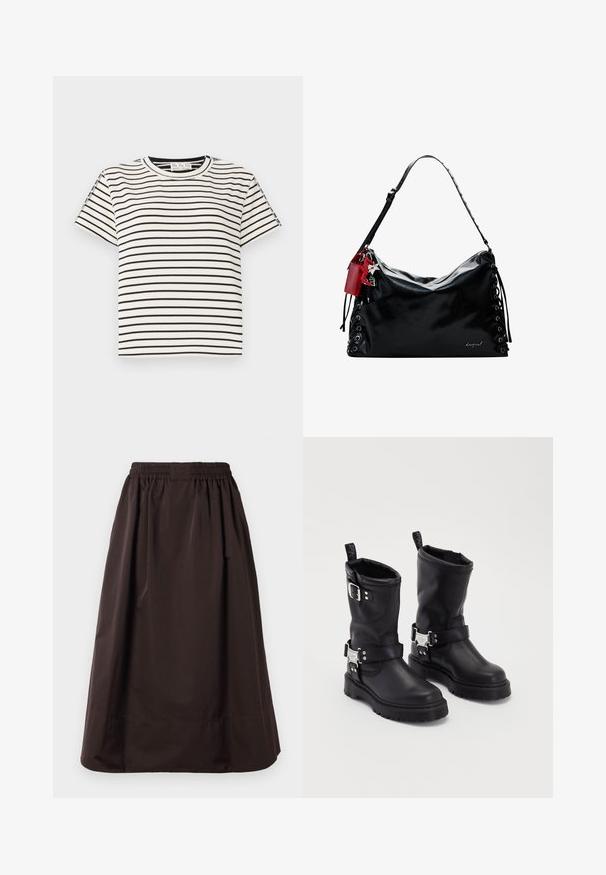 Kortærmet T-shirt i bomuld med rund hals, med sorte lodrette striber på en hvid baggrund og lige snit design.; Brun midi-længde nederdel med elastisk talje og bred kantdetalje, lavet af glat stof med subtile plisseringer under taljen.; Sorte læder ankelstøvler med en robust sål, der har en sidebåndsrem og dekorativ hardware. Glat overflade med et trækstrop.; Sort læder håndtaske med et slaskede design, snøre detaljer på siderne og et rødt accentmærke. Har en lang justerbar rem.