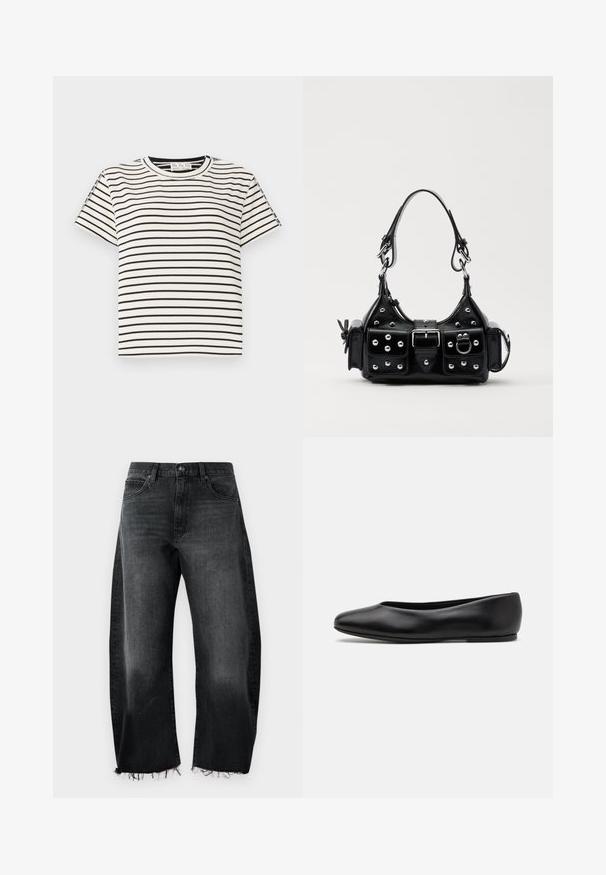 Bawełniana koszulka T-shirt z krótkim rękawem i okrągłym dekoltem, z czarnymi pionowymi paskami na białym tle oraz prostym krojem.; Czarne dżinsy o szerokim kroju, z postrzępionym dołem, pięcioma kieszeniami i delikatnym efektem blaknięcia; wykonane z wytrzymałego materiału bawełnianego.; Paul Smith TOPANGA czarny; Czarna skórzana torebka w zakrzywionym kształcie, z srebrnymi ćwiekami, klamrą i dwoma bocznymi kieszeniami. Regulowany pasek umożliwiający różne opcje noszenia.