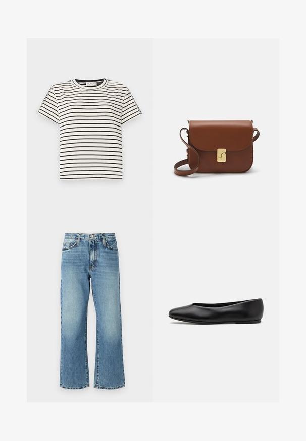 T-shirt de algodão de manga curta com decote redondo, apresentando riscas verticais pretas sobre um fundo branco e um design de corte reto.; Jeans de denim azul claro com um design de perna larga, cinco bolsos e fecho de botão. O tecido apresenta um leve desbotado e uma textura clássica.; Paul Smith TOPANGA - Sabrinas - black; Bolsa de couro castanho com fecho de aba, decoração em tom dourado, alça de ombro e textura suave. Formato retangular compacto.