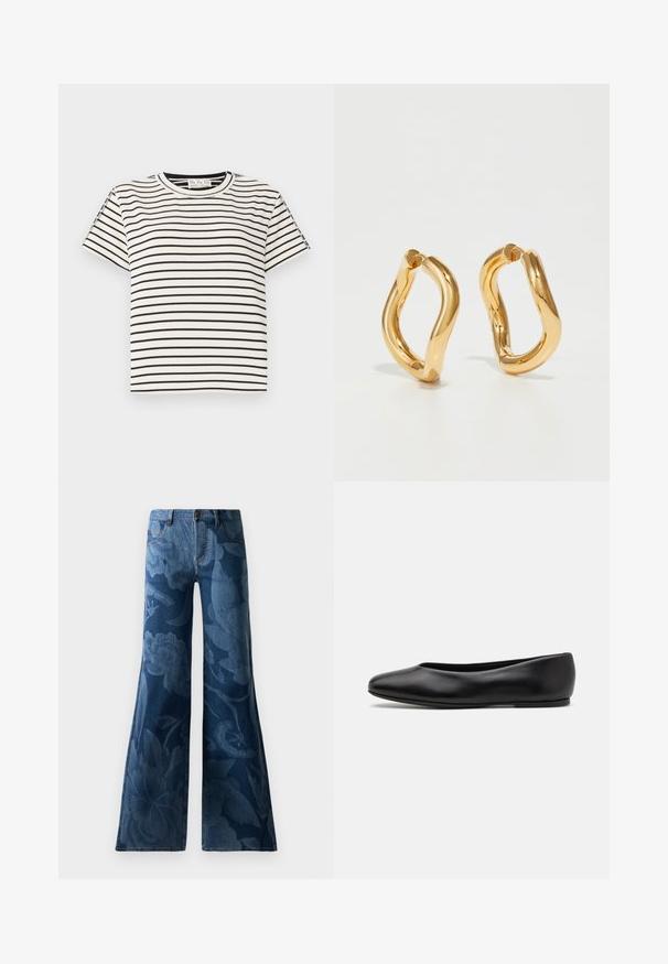Cotton short-sleeve T-shirt with a crew neckline, featuring black vertical stripes on a white background and a straight cut design.; Flared denim jeans in dark blue featuring a tonal floral print. Standard five-pocket design with a front button and zipper closure.; Paul Smith TOPANGA - Ballet pumps - black; Gold-colored hoop earrings with a curved, irregular shape and a smooth, polished texture. No visible hardware or accents.
