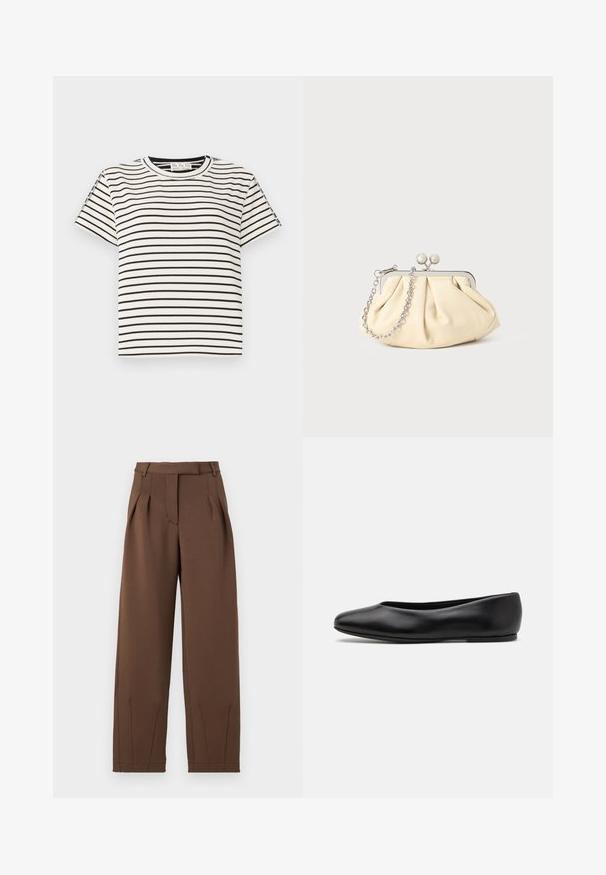 T-shirt en coton à manches courtes avec un col rond, présentant des rayures verticales noires sur un fond blanc et un design à coupe droite.; Pantalons marron en tissu lisse, avec une taille haute, des plis avant et une coupe décontractée. Comprend des poches latérales et des jambes fuselées.; Paul Smith TOPANGA - Ballerines - black; Pochette en cuir beige plissé avec un cadre en métal argenté, dotée de deux fermoirs ronds décoratifs et d'une chaîne en argent.