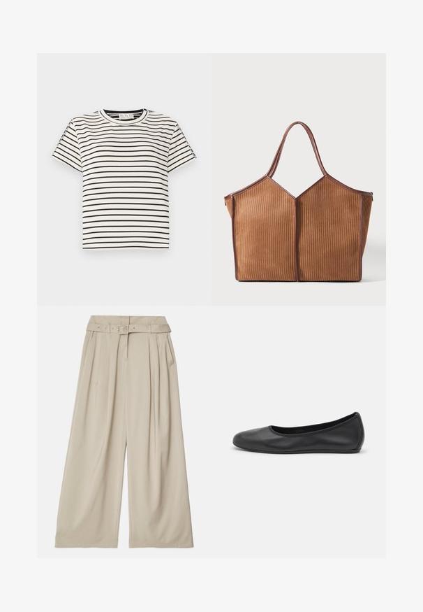 Katoenen T-shirt met korte mouwen en een ronde hals, met zwarte verticale strepen op een witte achtergrond en een rechte snit.; Wijdvallende pantalon van een lichtbeige stof. Heeft een hoge taille, voorplooien en een bijpassende riem met een metalen gesp.; Zwarte leren ballerina met een ronde neus, gladde textuur, minimale stikdetails en een flexibele zoolontwerp.; Bruine leren tote bag met verticale ribbelstructuur en twee handvatten, rechtopstaand tegen een effen witte achtergrond.