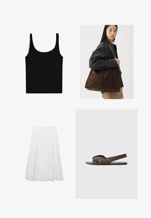 Zwarte tanktop met een ronde hals en smalle schouderbandjes. Gemaakt van gladde, stretchy stof met een getailleerde pasvorm en zonder extra patronen of versieringen.; Witte midi-rok van katoen, met een zachte textuur, gerimpelde details aan de zijkanten en een aansluitende tailleband voor een vloeiende silhout.; Bruine leren sandaal met een kruisbandontwerp, vlakke zwarte zool en verstelbare achterband. Gladde textuur en minimale hardwaredetails.; Bruine suède tote bag met een brede vorm en zachte textuur, voorzien van een enkele schouderband en minimale hardware tegen een neutrale achtergrond.