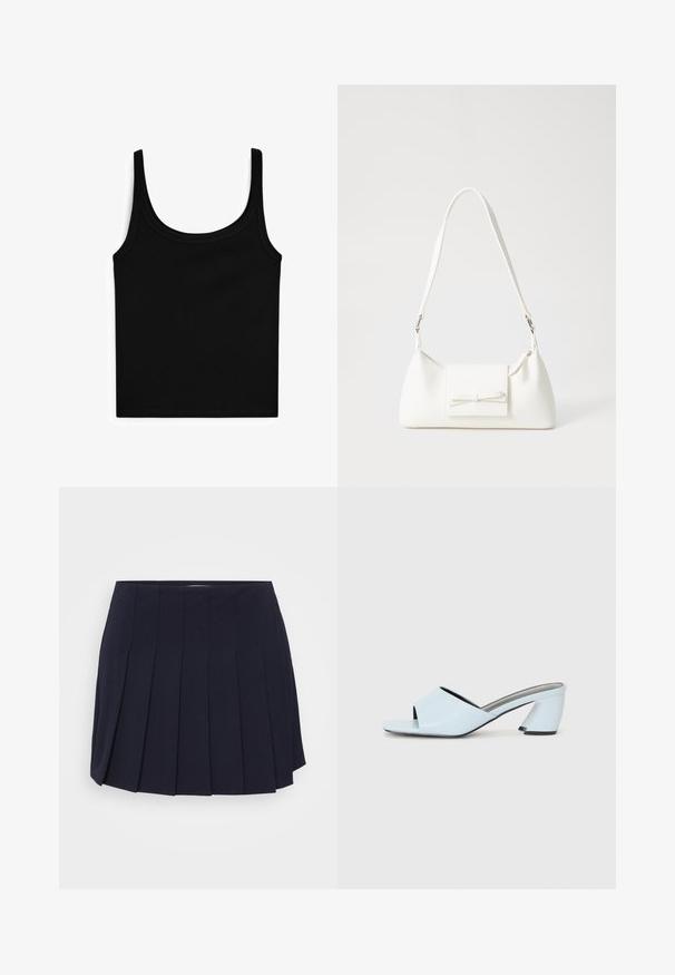 Black tank top with a scoop neck and narrow straps. Made of smooth, stretchy fabric with a fitted shape and no additional patterns or embellishments.; Navy pleated skirt made from smooth fabric. Features a waistband and distinct vertical pleats, offering a structured silhouette.; Light blue open-toe heeled mules with a geometric design, featuring a wide strap across the foot and a chunky, angular heel.; White synthetic handbag with a triangular shape, flat front flap and bow detail, adjustable strap, smooth texture, and minimalistic design.