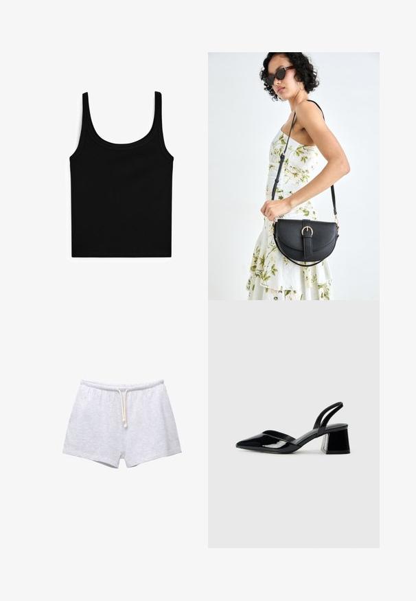 Schwarzes Tanktop mit Rundhalsausschnitt und schmalen Trägern. Gefertigt aus glattem, elastischem Stoff mit einer figurnahen Passform und ohne zusätzliche Muster oder Verzierungen.; Graue Baumwollshorts mit elastischem Bund und Kordelzug. Glatte Textur und einfaches Design, ohne Muster oder Akzente.; Schwarze Lackleder-Slingback-High Heels mit spitzem Schuh und einem geometrischen Blockabsatz. Verfügt über ein schlankes, minimalistisches Design und eine glatte Textur.; Schwarze Lederhandtasche mit geschwungener Form, abnehmbarem Tragegurt und goldenen Beschlägen. Die Tasche verfügt über einen Deckel mit einer Schnallen-Details.