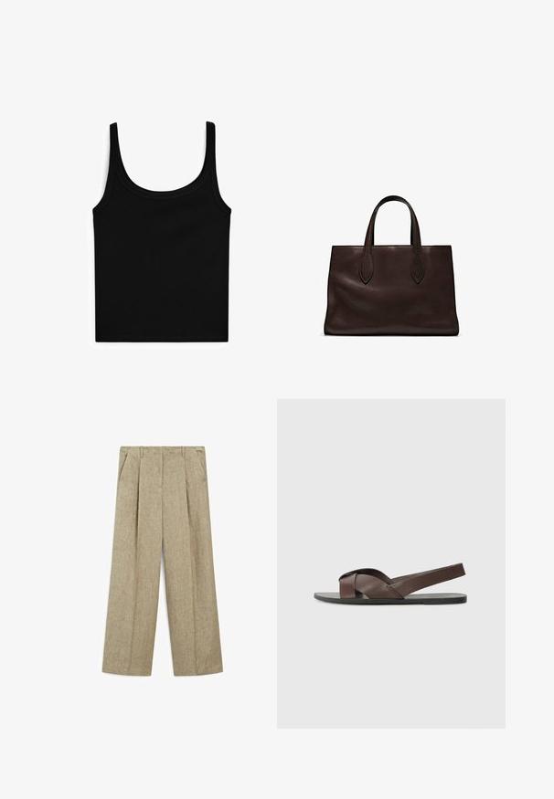 Zwarte tanktop met een ronde hals en smalle schouderbandjes. Gemaakt van gladde, stretchy stof met een getailleerde pasvorm en zonder extra patronen of versieringen.; Lichtbeige wijde broek met plooien, voorzien van twee zijzakken en gemaakt van een textuurstof in een linnenmix.; Bruine leren sandaal met een kruisbandontwerp, vlakke zwarte zool en verstelbare achterband. Gladde textuur en minimale hardwaredetails.; Bruine leren tote bag met twee verlengde handvatten, gestructureerde rechthoekige vorm, gladde textuur en subtiele stiksels.