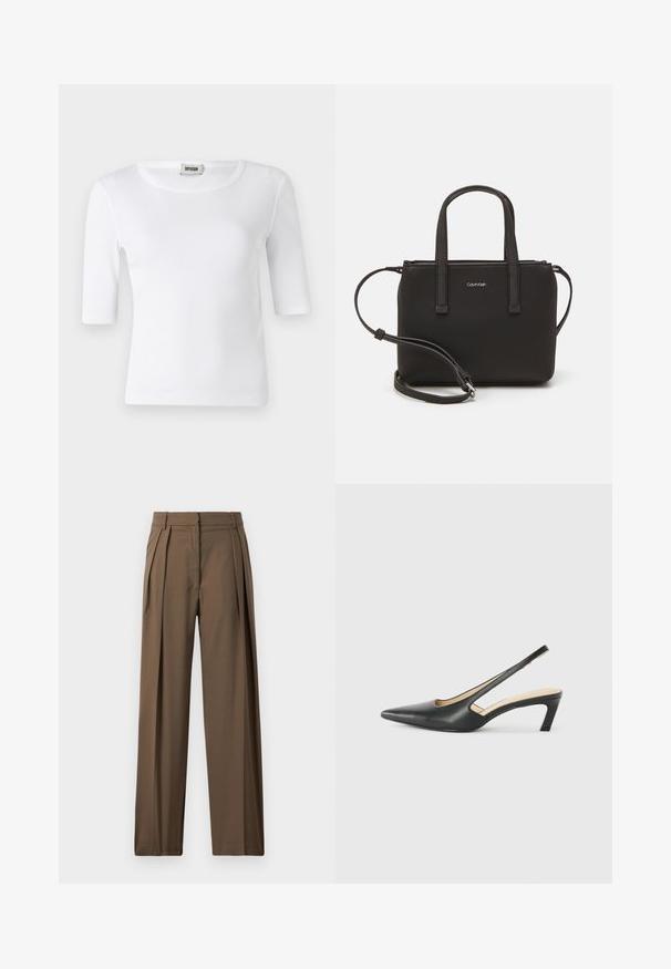 Bílý žebrovaný tričko s kulatým výstřihem a rukávy do lokte. Vyrobeno z měkkého materiálu s hladkou texturou. Štítek viditelný na výstřihu.; Hnědé široké kalhoty vyrobené z hladkého materiálu, s předními záhyby a upraveným pasem pro strukturovaný vzhled.; Černý špičatý slingback s nízkým podpatkem, vyrobený z hladké kůže, s výřezem na boku pro lepší prodyšnost.; Černá kabelka s dvojitými krátkými uchy a odnímatelným ramenním popruhem. Hladký koženkový materiál s uzávěrem na zip a detailem loga.