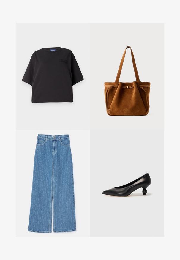 Black short-sleeve t-shirt made of cotton, featuring a relaxed fit and embossed branding on the front near the shoulder.; Baum und Pferdgarten NINI - Relaxed fit jeans - denim blue; Black leather high heel shoe with a pointed toe and a round, balled heel. Smooth texture with a sleek, minimal design.; Brown suede tote bag with dual handles, a button closure strap, and a relaxed, slightly slouchy shape.