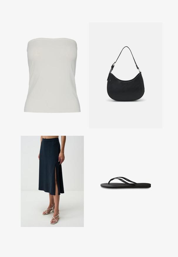 Pieces PCMADISON TUBE - Débardeur - cloud dancer; Jimmy Key HIGH WAIST MIDI - Jupe trapèze - dark blue; Tongs noires avec une semelle en caoutchouc texturée, deux fines lanières et un détail de logo embossé subtil sur la lanière.; Sac hobo noir en cuir lisse avec une silhouette arrondie, doté d'une seule sangle ajustable et de détails de design minimalistes.