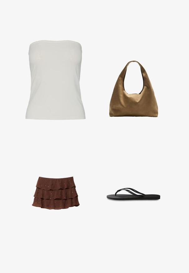 Pieces PCMADISON TUBE - Top - cloud dancer; Gonna marrone a strati con tre balze, realizzata in tessuto leggero con motivo floreale e dettagli metallici. Design con vita regolare.; Infradito neri con suola in gomma testurizzata, due cinghie sottili e un sottile dettaglio del logo impresso sulla cinghia.; Borsa a spalla in tessuto marrone con un corpo ampio e arrotondato e una grande maniglia a taglio. Texture morbida, design minimalista e senza hardware visibile.