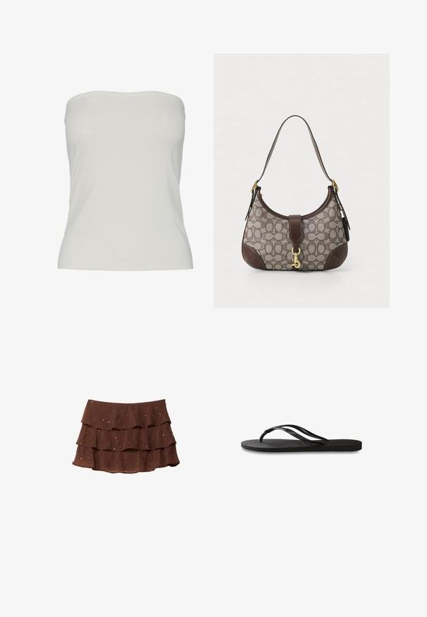 Pieces PCMADISON TUBE - Top - cloud dancer; Gonna marrone a strati con tre balze, realizzata in tessuto leggero con motivo floreale e dettagli metallici. Design con vita regolare.; Infradito neri con suola in gomma testurizzata, due cinghie sottili e un sottile dettaglio del logo impresso sulla cinghia.; COACH HAMPTONS HOBO BAG IN SIGNATURE JACQUARD - Borsa a mano - oak maple