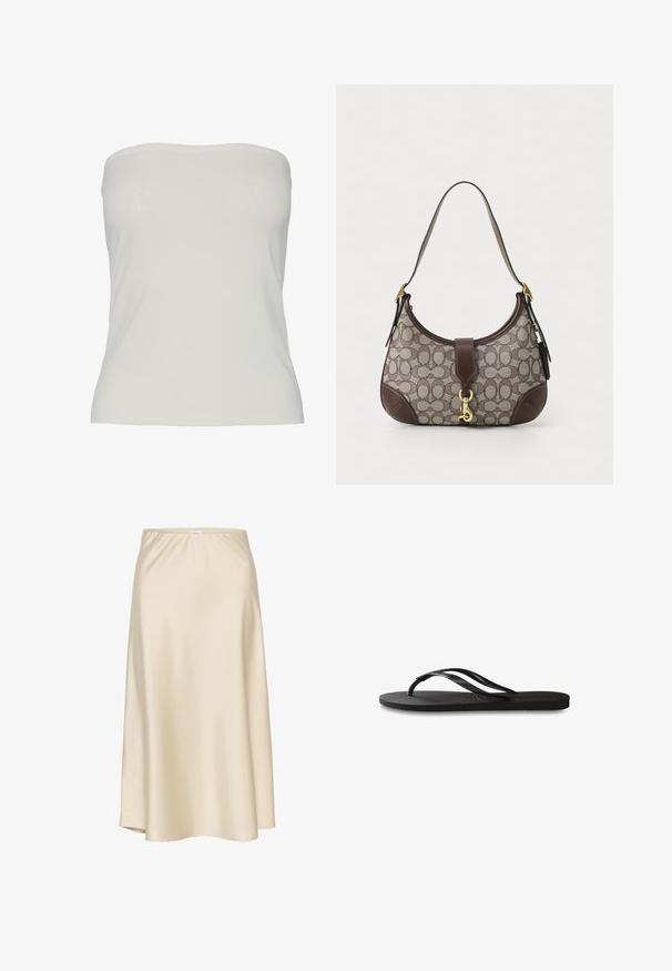 Pieces PCMADISON TUBE - Top - cloud dancer; Beige Satin A-Linienrock mit elastischem Bund, glatter Textur und fließender Silhouette, die sanft zur Saumkante verläuft.; Schwarze Flip-Flops mit einer strukturierten Gummisohle, zwei schlanken Riemen und einem dezenten, geprägten Logo-Detail auf dem Riemen.; COACH HAMPTONS HOBO BAG IN SIGNATURE JACQUARD - Handtasche - oak maple
