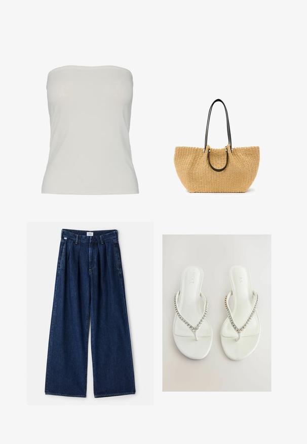 Pieces PCMADISON TUBE - Top - cloud dancer; Wijdvallende blauwe denim broek met plooien, voorzien van een hoge taille, voorzakken en een gestructureerde afwerking. De stof is dik en stevig.; Witte flip-flops met een gladde textuur, voorzien van een V-vormige band versierd met heldere, sprankelende rhinestones. Eenvoudig en strak ontwerp.; Geweven stro tote bag in beige, met zwarte leren handvatten en zilveren hardware. Ruimtelijke, gebogen vorm met een gestructureerd oppervlak.