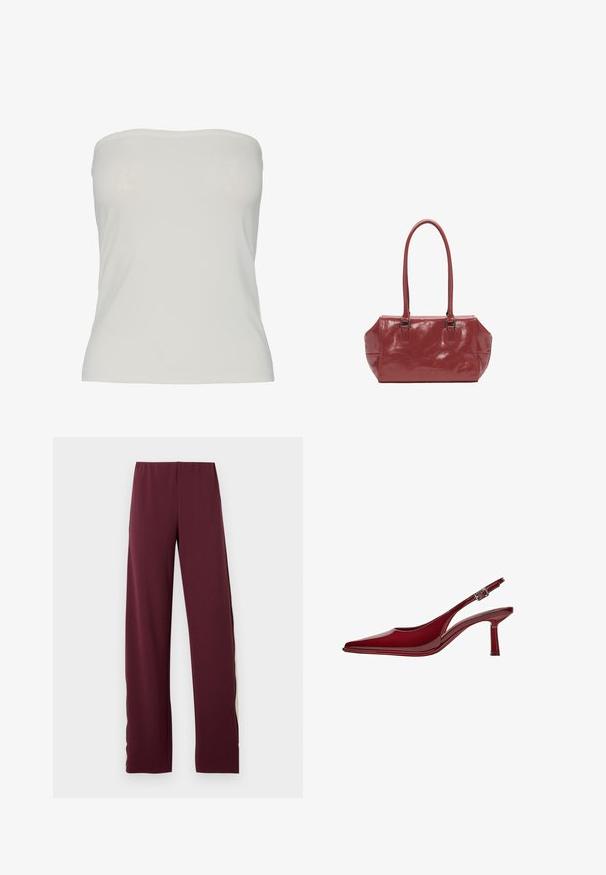 Pieces PCMADISON TUBE - Top - cloud dancer; Bordeauxfarbene Sporthose mit elastischem Bund, ausgestattet mit einem kontrastierenden olivgrünen seitlichen Streifen, geradem Schnitt und glatter Textur.; Bershka Pumps - dark red; Rote glänzende Handtasche mit zwei langen Griffen, rechteckiger Form, glatter Oberfläche und dezentem Faltenmuster. Ausgestattet mit silberfarbenen Beschlägen.