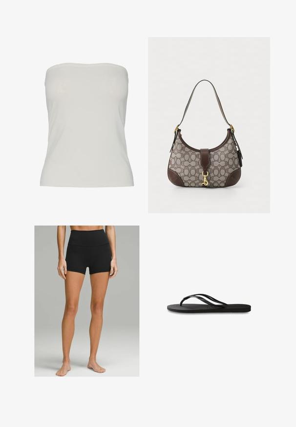 Pieces PCMADISON TUBE - Top - cloud dancer; Pantalones cortos negros de talle alto, fabricados con un tejido elástico, que presentan una textura suave, un diseño ajustado y una longitud a mitad del muslo. Sin acentos visibles.; Chanclas negras con suela de goma texturizada, dos tiras delgadas y un sutil detalle de logo en relieve en la tira.; COACH HAMPTONS HOBO BAG IN SIGNATURE JACQUARD - Bolso de mano - oak maple