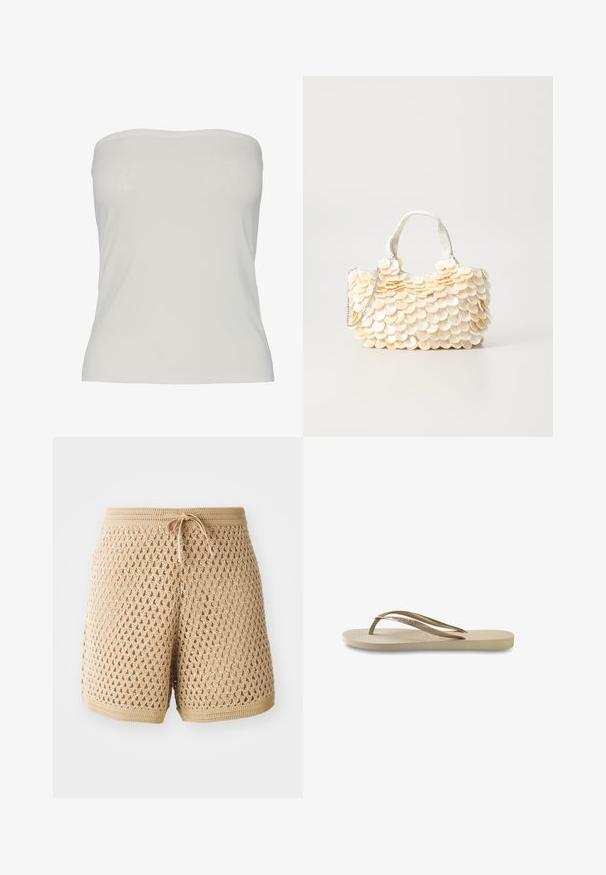 Pieces PCMADISON TUBE - Top - cloud dancer; Béžové háčkované šortky s propracovaným diamantovým vzorem, s páskem na stahování a žebrovanými okraji. Lehká a prodyšná tkanina.; Světlobéžové žabky s texturovanou stélkou, plochou podrážkou a tenkými lesklými pásky. Na pásku je jemné logo.; Bílá kabelka s texturovanými ozdobami ve tvaru zvlněné mušle. Obsahuje pletenou rukojeť a stříbrný řetízek pro variabilitu.