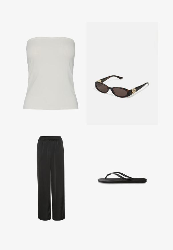 Pieces PCMADISON TUBE - Top - cloud dancer; Crne saten hlače širokog kroja, s elastičnim pojasom i glatkom teksturom. Duljina im je do gležnjeva i nemaju dodatne ukrase.; Crne japanke s teksturiranom gumenenom potplatom, dva uska remena i suptilnim, urezanim logom na remenu.; Suncane naočale od kornjačevine s izduženim ovalnim lećama, smešnim nijansama, zlatnim logotipom na drškama i elegantnim crnim krakovima.